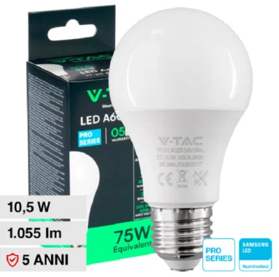 KIT 10 LAMPADINE V-TAC LAMPADINA LED E27 10,5W BULB GOCCIA A60 CHIP SAMSUNG