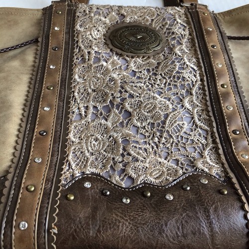 Women’s Western Cowgirl Justin Brown Leather And Lace Purse Handbag Tote Rodeo - Picture 2 of 23