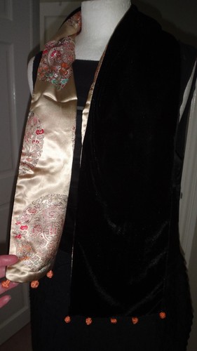 Unisex Vintage Oriental Silk Gold Satin & Black Velvet Lined Scarf 50" x 8" - Picture 18 of 18