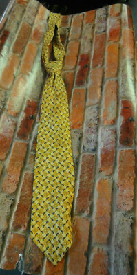 Gucci made in Italy 100% silk neck tie golden yellow & blue design vintage HOT