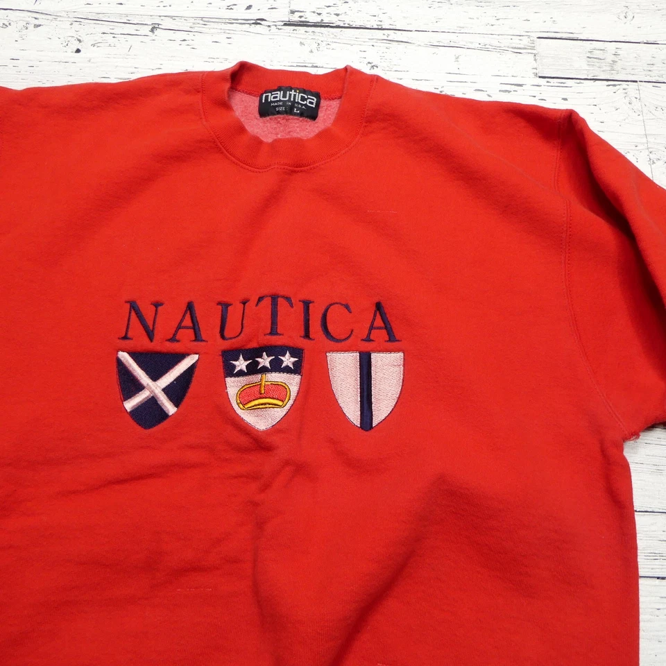 Vintage Nautica Sweatshirt Size Large Red Fleece Embroidered USA Made Crew Neck - Image 2 of 4