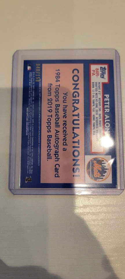 2019 Topps PETE ALONSO #84R-PA Rookie RC 1984 Auto  New York Mets 040/150 Mets - Image 2 of 2