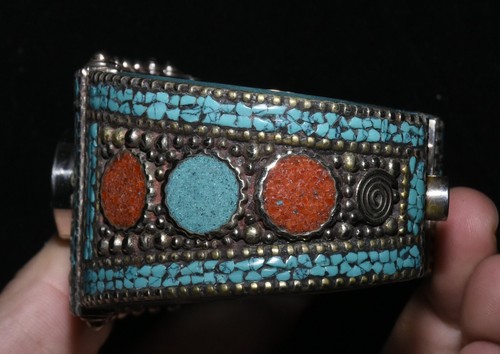 7.8CM Old Collection Tibetan Silver Inlay Turquoise Wrist Bracelet Bracelets - Picture 4 of 8