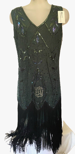 Robe perlée Metme femme taille XL verte noire sorcière sans manches franges rabat