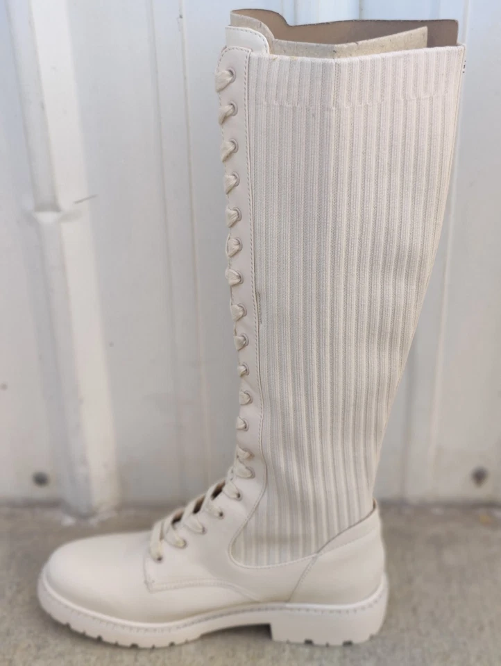 Sam Edelman Lila Womens Size 7 M Cream Leather / Fabric Lace Up 16" Tall Boots - Image 2 of 4