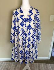 Zara White Blue Floral A-Line Dress S V-Neck 3/4 Sleeve Tiered Knee Length