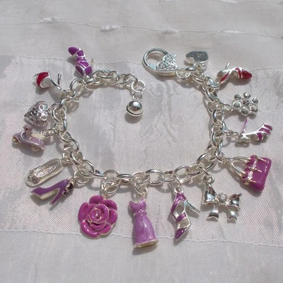 BRACELET ARGENTÉ 16 BRELOQUES émaillées violettes - Mlle Violette - Photo 1/4