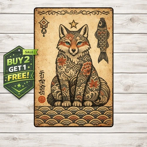Japanese Ninja Samurai Cat Tattoo Vintage Metal Tin Sign Poster Art