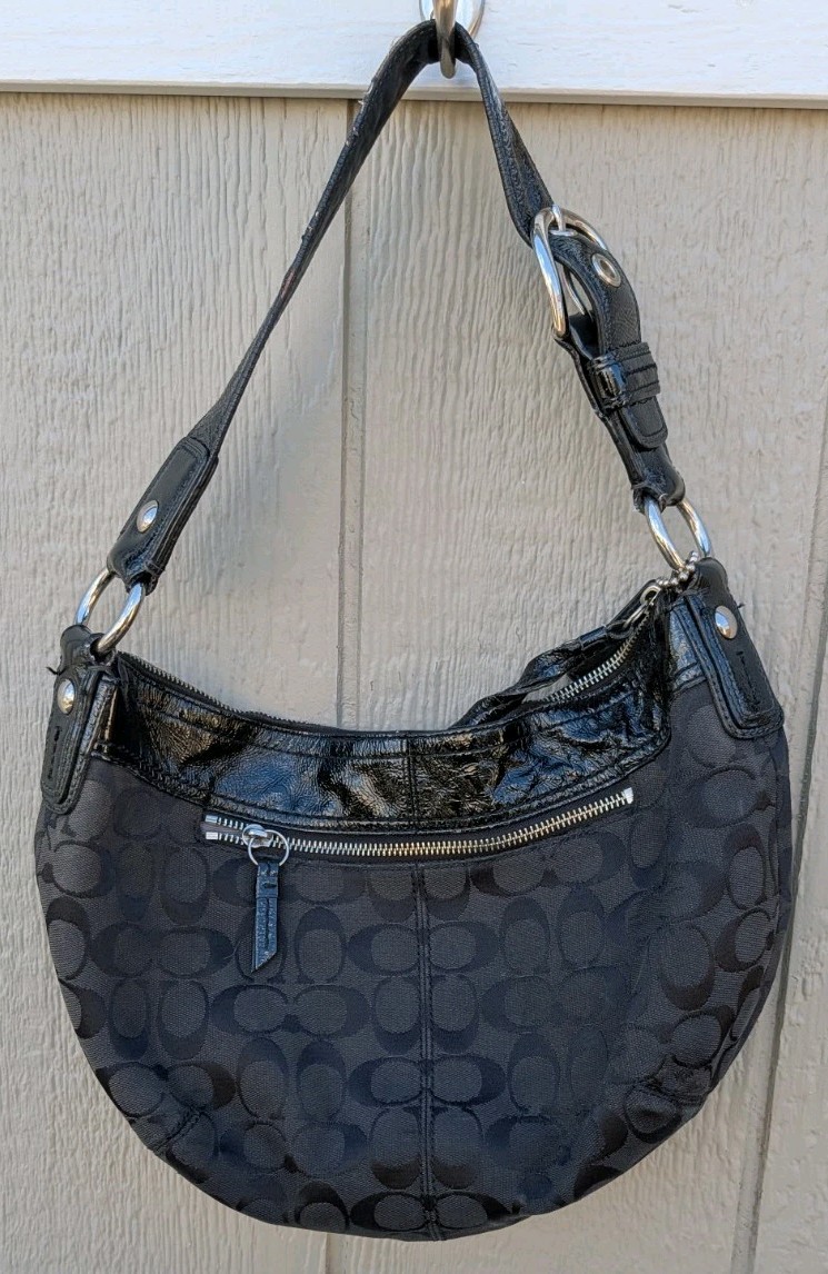 COACH Soho Signature Black Jacquard Hobo Pleated Shoulder Hand Bag