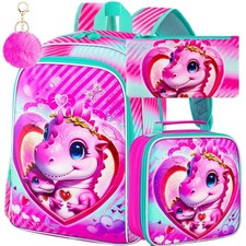 16" Dinosaur Backpack for Girls, 3Pcs School Bookbag with Lunch Box, Kids Bac...