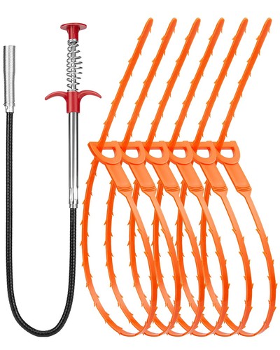 7 Pack Drain Cleaner - 25inch Hair Clog Remover Tool, Sticks To Drain Hair, S...