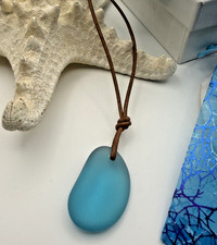 Teal Hawaiian Sea Glass Necklace with Leather Cord   Unisex Coastal Jewelry