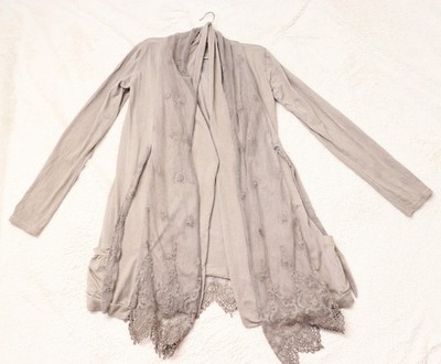 Beige Graue Tredy Spitzen Taschen Strickjacke Cardigan Jacke Greige Mit Seide M
