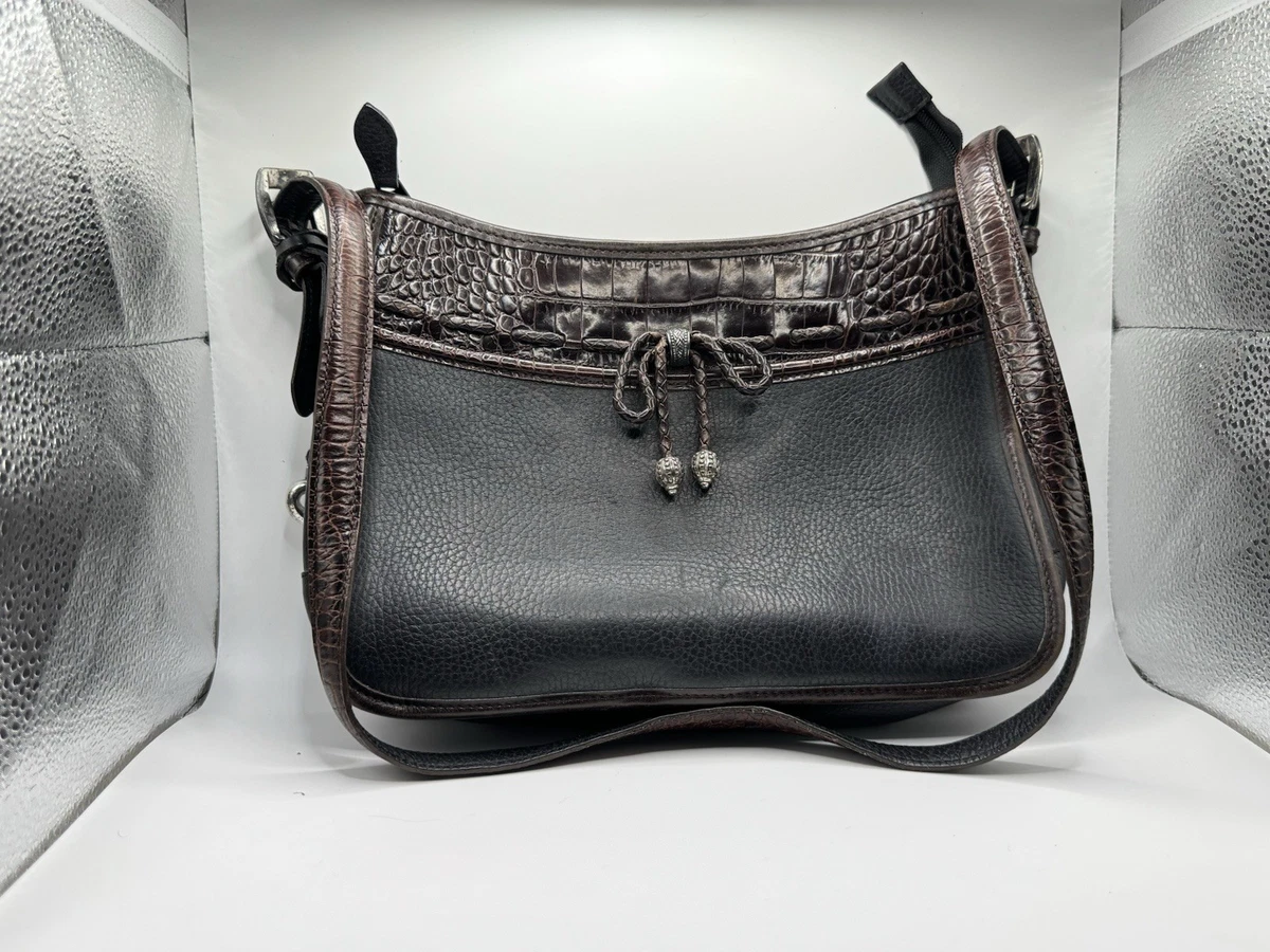 Brighton Vintage Black Leather Drawstring Bucket Shoulder Purse w/?Charm 1996 Brighton RARE Vintage Black Leather Shoulder Bag With Brown  main image 4