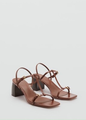 NEW MANGO MNG BROWN BLOCK HEEL T-STRAP SANDALS SHOES 37 US 6.5