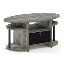 Pemberly Row Engineered Wood Oval Coffee Table with Bin in French Oak Gray/Black
