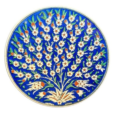Turkey Grand Caglar 21 Glazed Ceramic Wall Plaque Tile Blue Red Flowering Bush