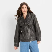 Women's Relaxed Leather Moto Jacket - Future Collective Black L
