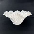 Vintage Fenton White Milk Glass Hobnail Crimped Ruffled Edge Bowl 9.5”