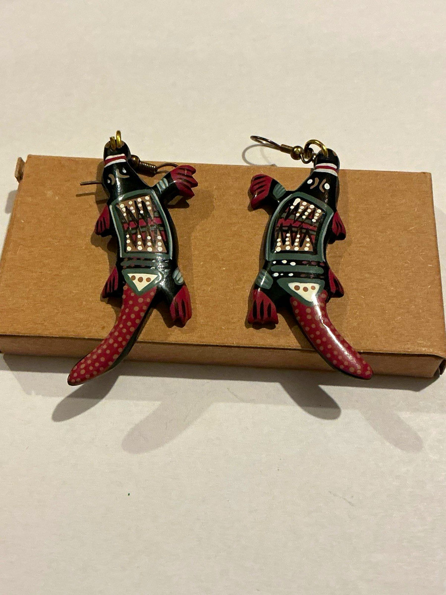 Erstwilder Aboriginal multicoloWood Lizard Dangle Hook Earrings