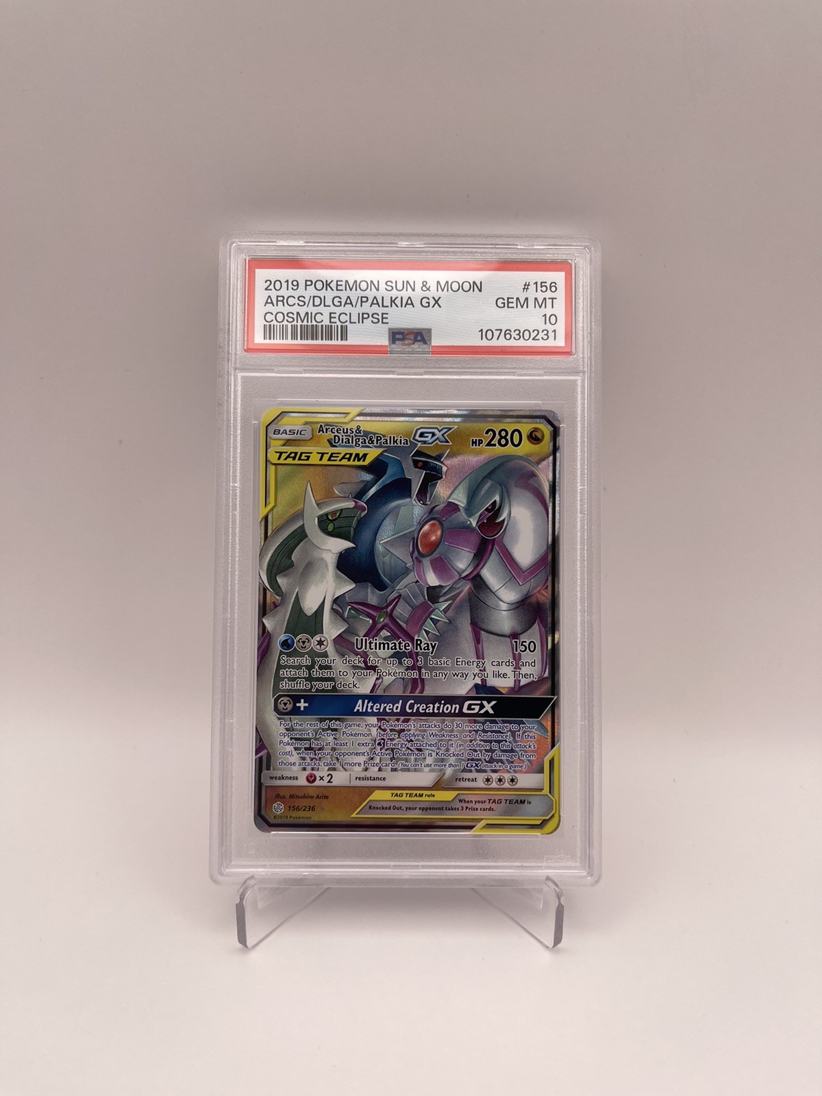 2019 POKEMON SUN & MOON COSMIC ECLIPSE #156 ARCEUS & DIALGA & PALKIA GX PSA 10
