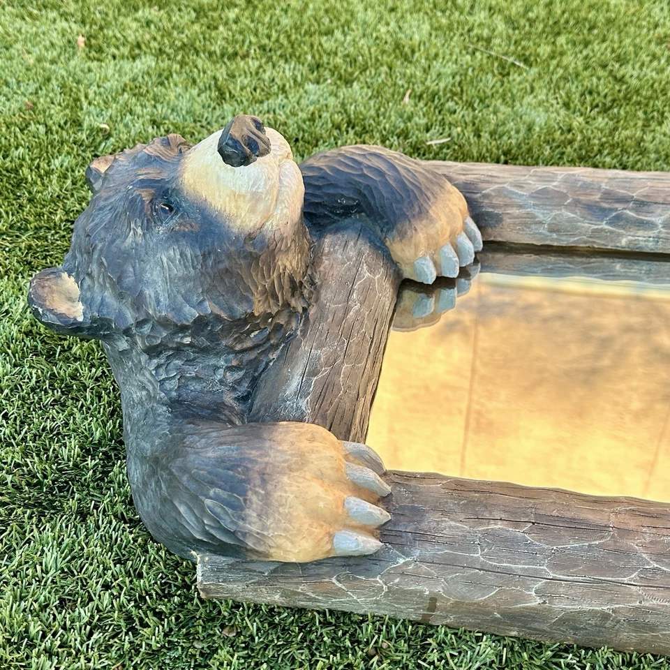 "Espejo de pared vertical Black Bear aspecto de madera tallada resina decoración de cabina de troncos 25"" x 15""" Foto 4 de 4