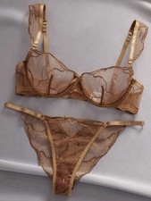 Vtg Styl Sheer Embroidered UW Balconette Bra String Bikini Panties Set XL NEW