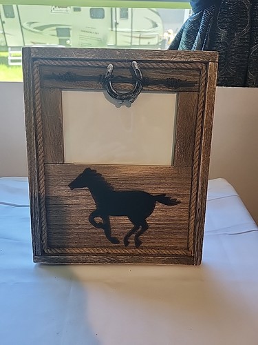 Horse Rustic Wooden Picture Frame with Rope and Horseshoe Motif