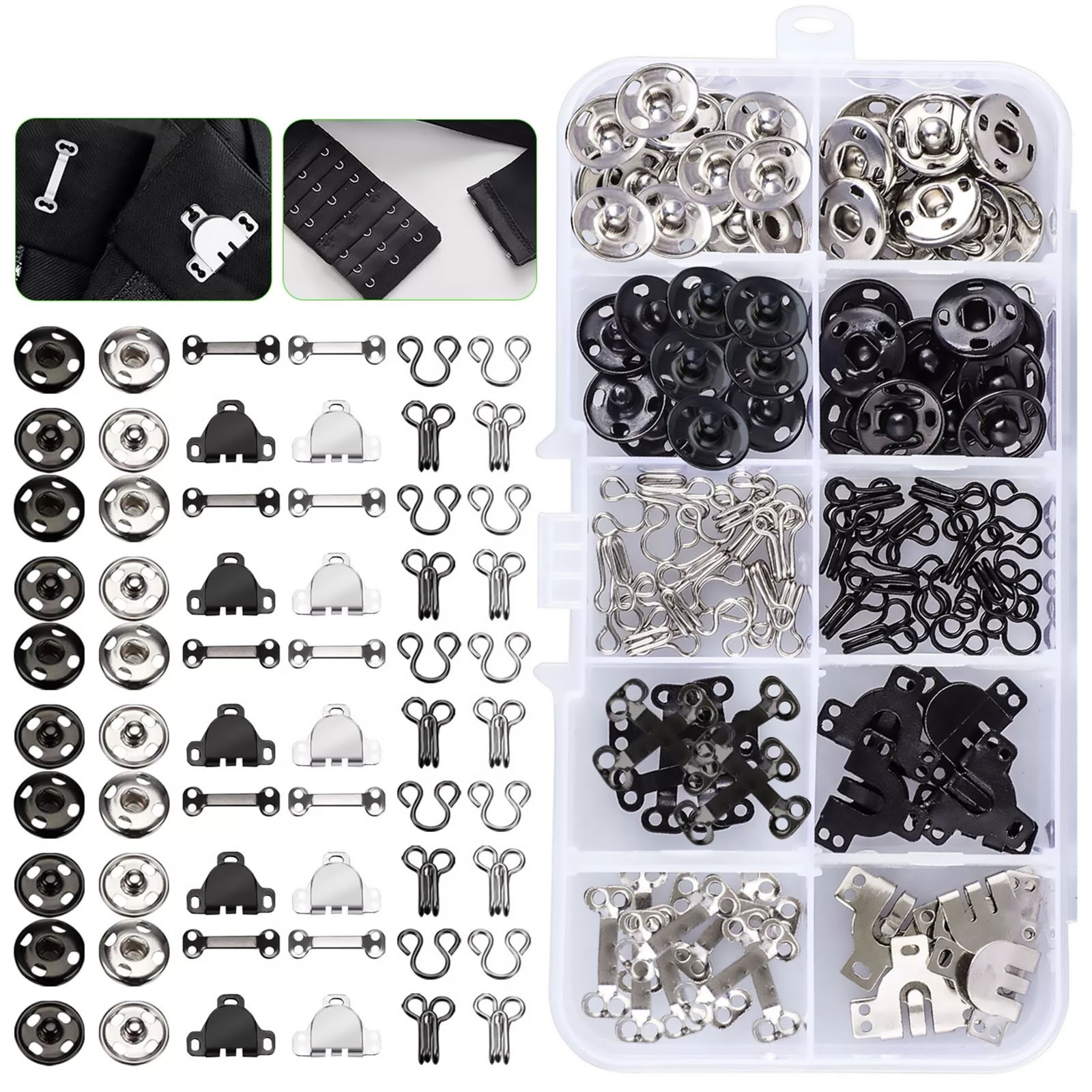 100 Pair 3 Styles Sewing Hook & Eye Closure Snap Fastener Clothing Fixing Tool
