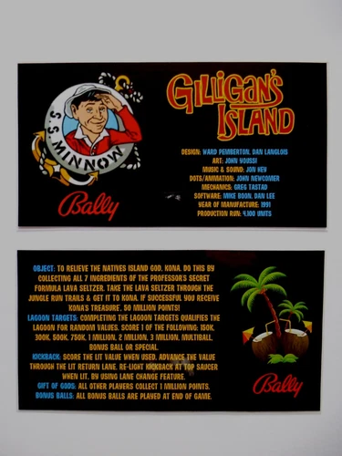 * * 'GILLIGAN'S ISLAND' Bally 1991 Custom Instruction/Apron Cards * * (New)