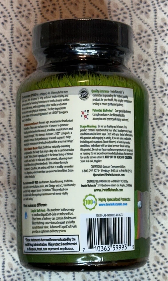 Irwin Naturals Testostrone UP Rojo, 32 Gel Suave Líquido ¡Nuevo! Foto 3 de 4