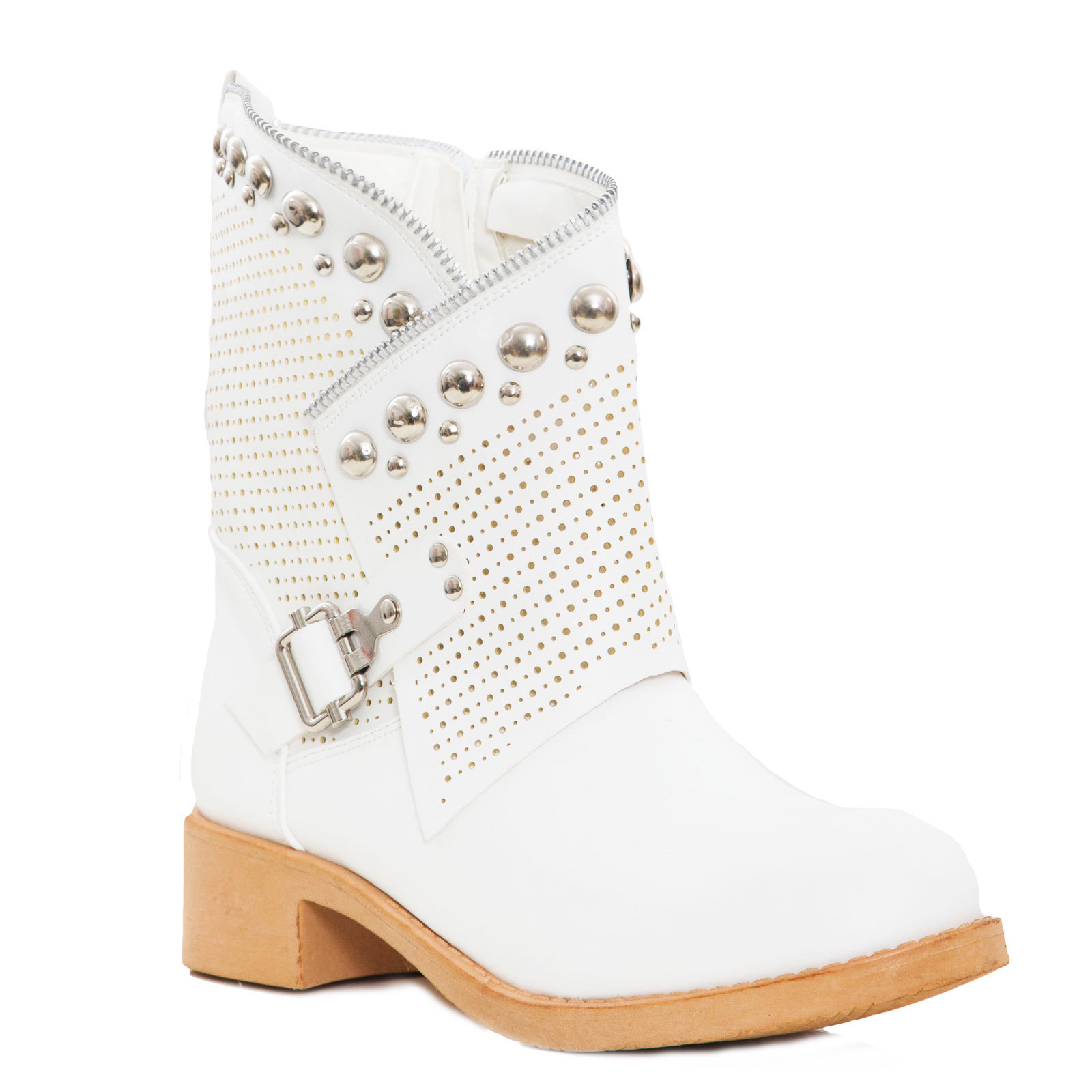 Bottines Biker Femme à Clous Perforées - Modèle K811, Cuir Synthétique, Talon Bas - Neuves Avec Emballage