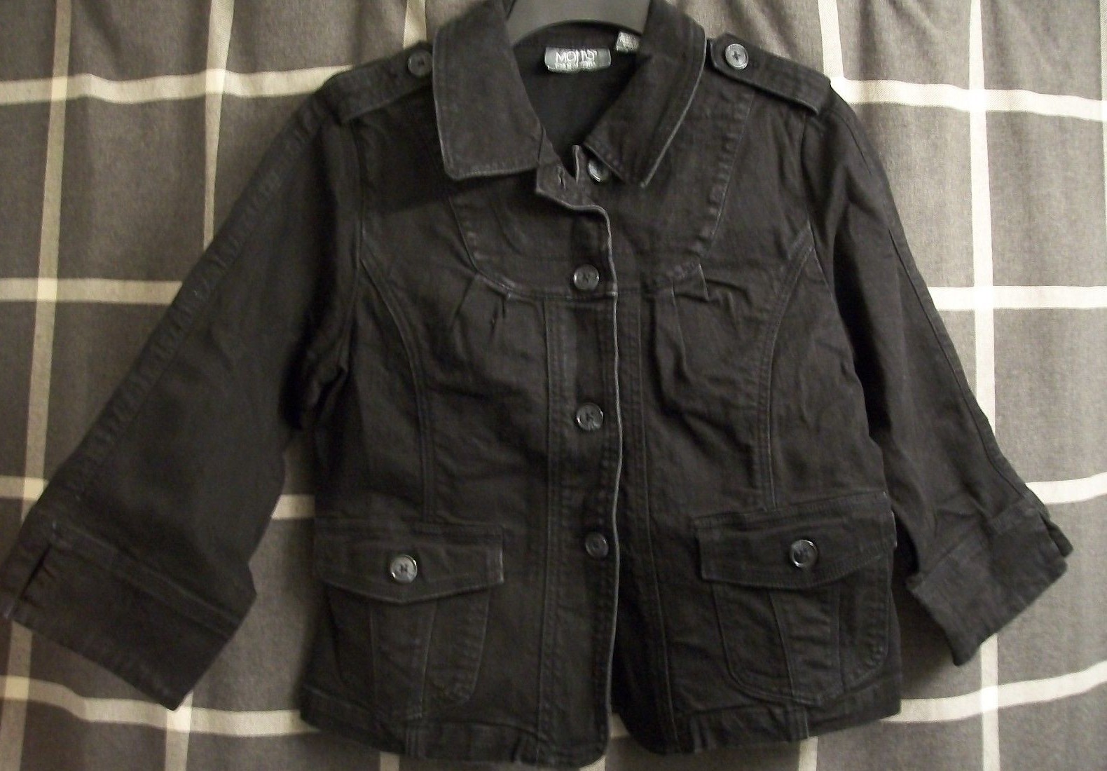 Denim Jacket Sz Small Black Stretch 3/4 Sleeve Button Pocket Yoke Detail-image