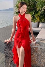 Women's Fashion grace solid color slit Ruffles halter neck Backless long dress 