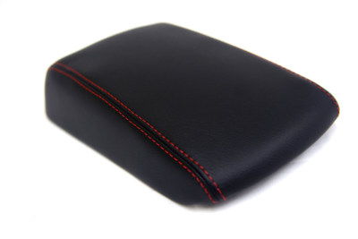 For 03-08 Mazda3 Faux Leather Armrest Center Console Cover Black w Red Stitch
