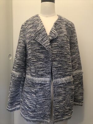 RAFAELLA! Navy Blue & White Knit Cardigan w Fringe & Metallic