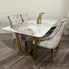 Luxury 180cm Lucien Sintered Stone Full Dining Table and 4 Chairs Beige Gold Set
