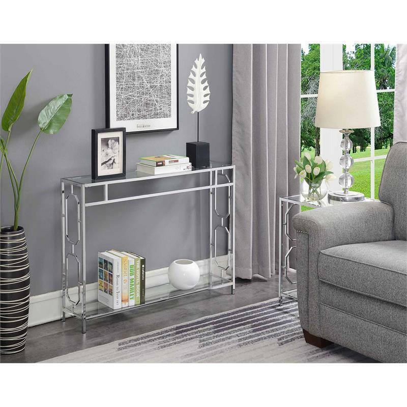 Pemberly Row Modern Clear Glass Rectangular Console Table in Chr