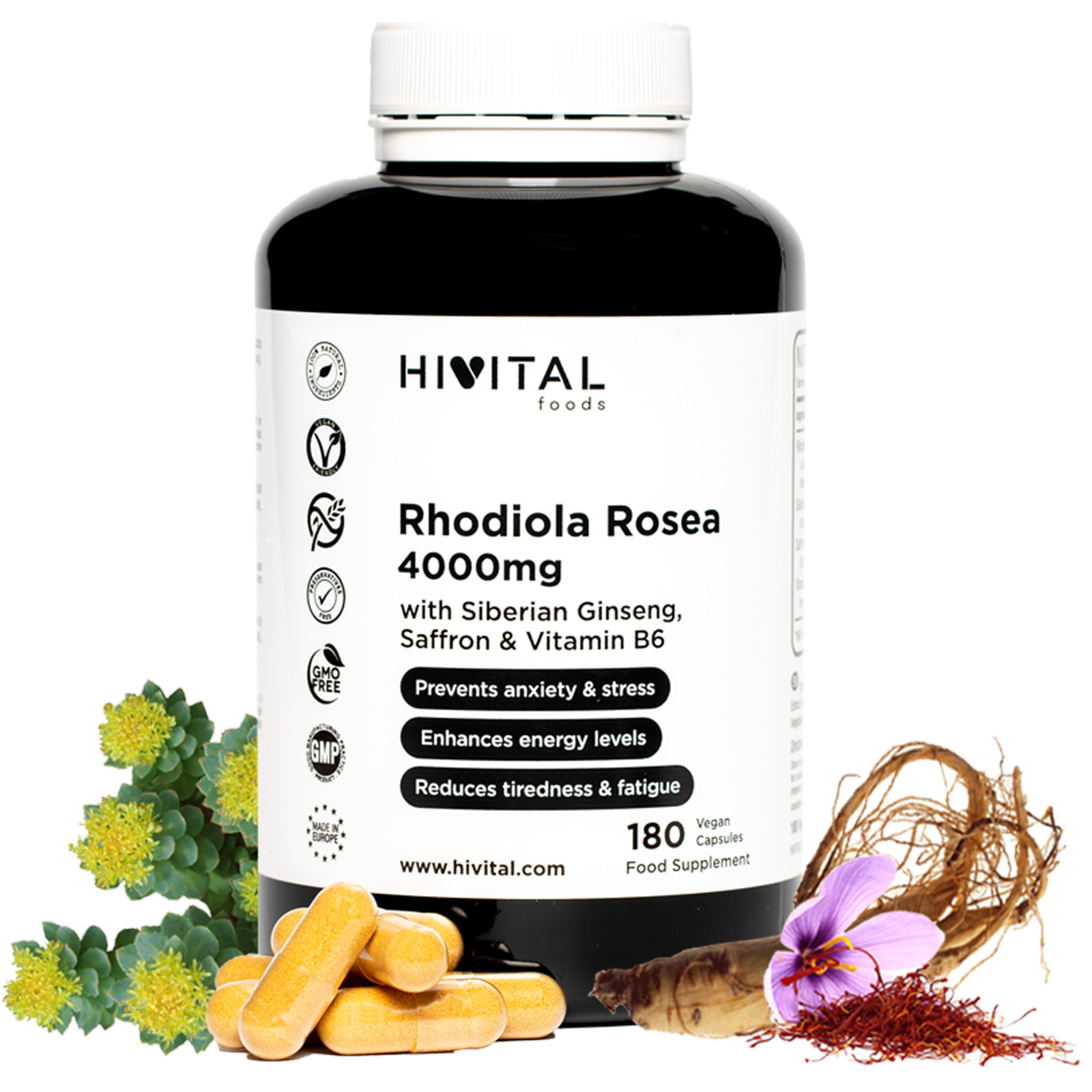 Rhodiola Rosea 4000 mg. 180 cápsulas veganas para 6 meses de tratamiento.