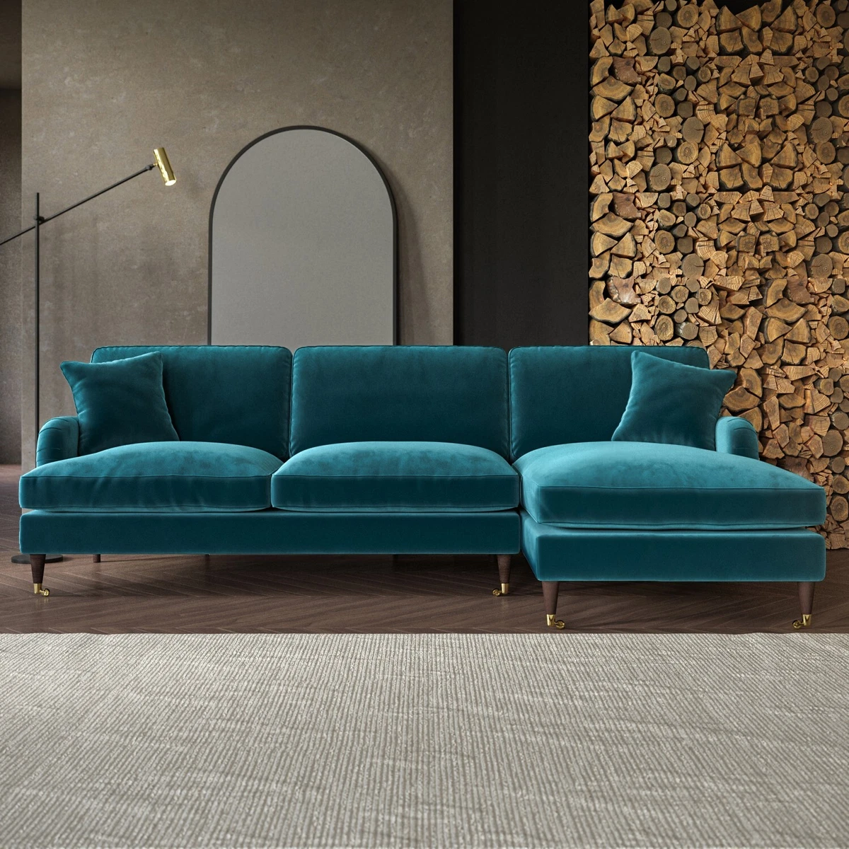 Teal Velvet L Shaped Sofa 3 Seater Right Hand Facing Saddle Arms
