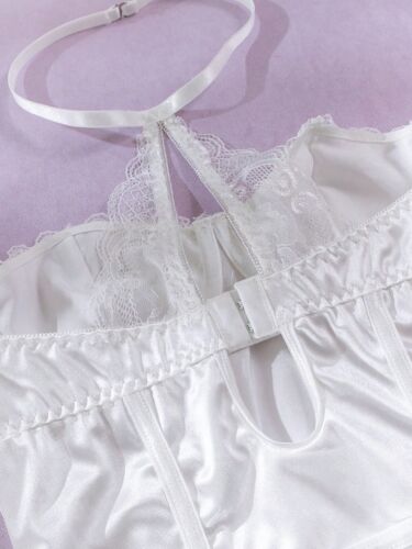 White Lace Corset Lingerie Dress with Garter Straps – Satin Bridal Bustier Teddy - Picture 8 of 12