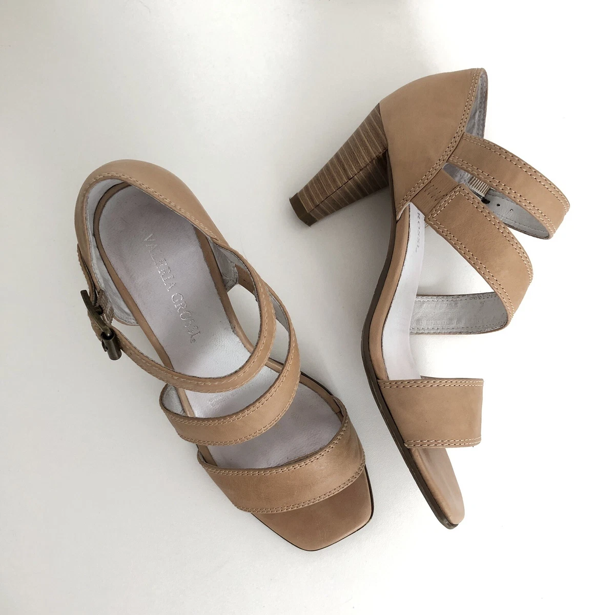 VALERIA GROSSI Tan Nude Strappy Thick Heel Leather Sandals Sz 36