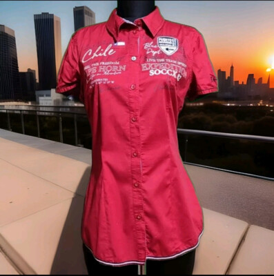 SOCCX BLUE Women's Top Shirt Short Sleeve Embroidered Chile Red Colour Size 36 S