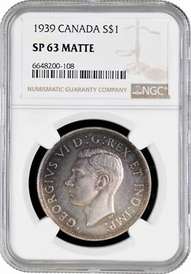 Kanada 1 Dollar 1939, NGC SP63 MATTE, "Königlicher Besuch in Ottawa" Silbermünze - Bild 1 von 2