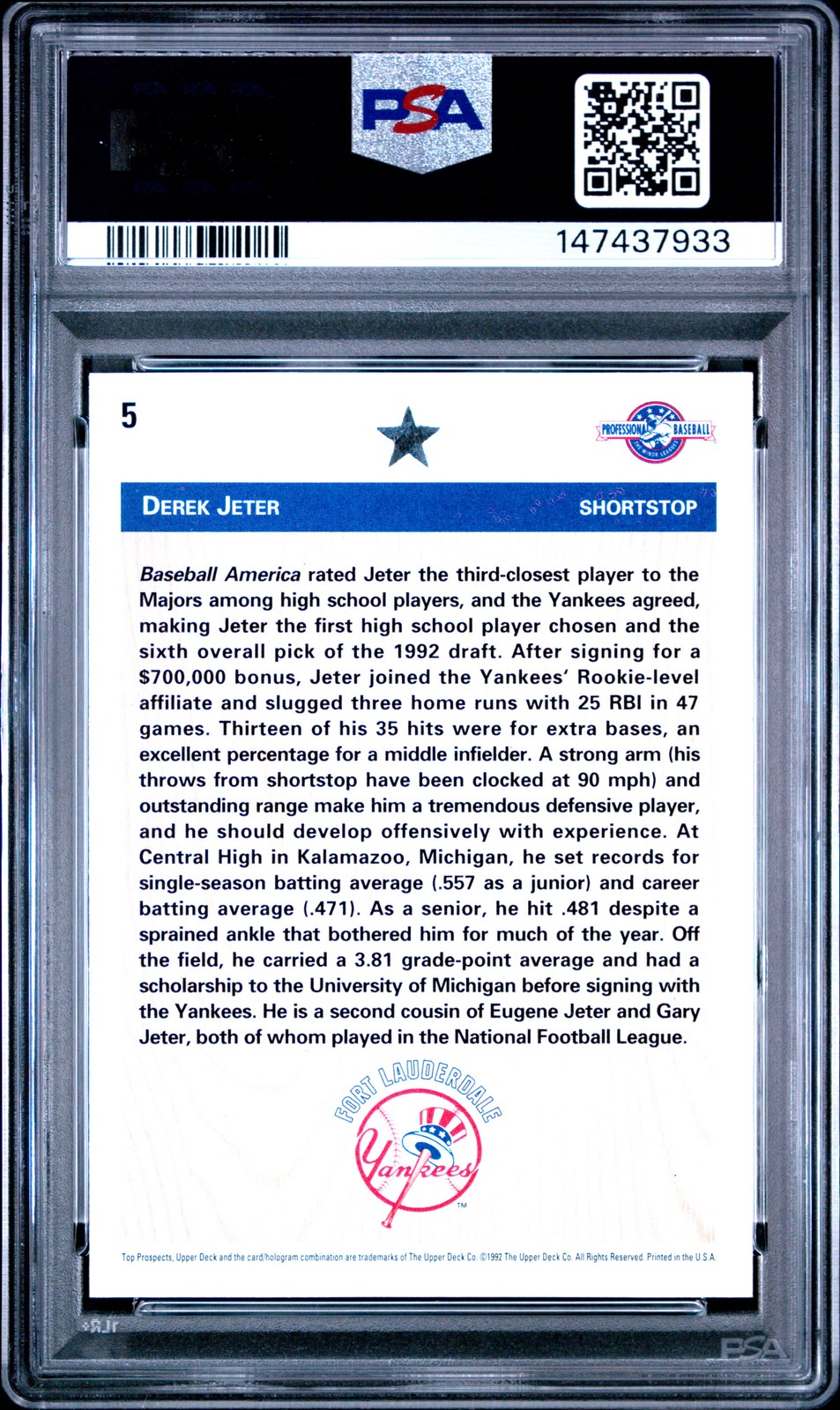 1992 UD MINORS #5 DEREK JETER ROOKIE RC PSA 7 view 2