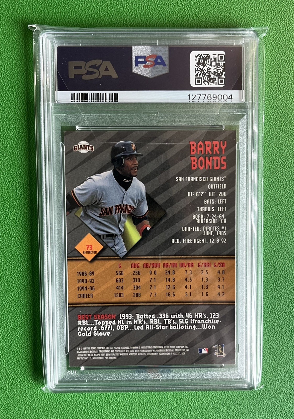1997 Bowman's Best Barry Bonds Refractor #73 PSA 8 San Francisco Giants  view 4