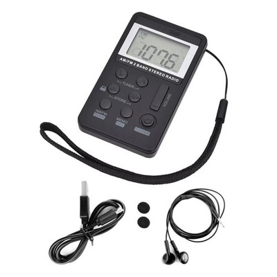 FM/AM Mini Radio Pocket Receiver Portable Digital LCD Stereo Earphone Set USB