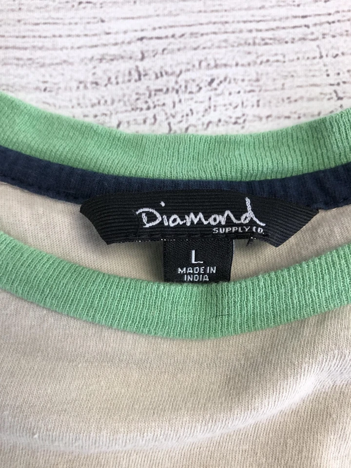 Camisa Diamond Supply Co Para Hombre Grande Verde Crema Rayas Bordado Logo Algodón Foto 3 de 4
