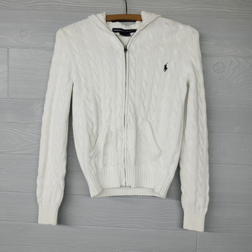 Ralph Lauren Sport Damen-Hoodie weiß Zopfmuster durchgehender Reißverschluss Größe Small