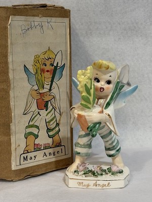 VTG Lefton May Boy Angel Porcelain Gardener Figurine w/Yellow Flower & Box READ